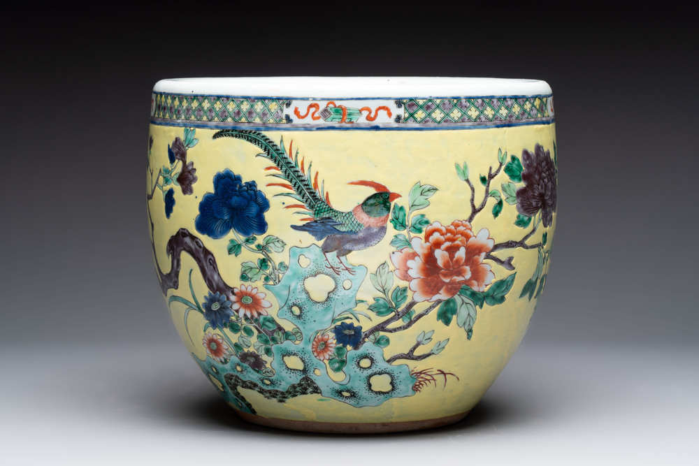 A Chinese yellow-ground famille rose 'pheasant and peony' scroll bowl, 19th C.