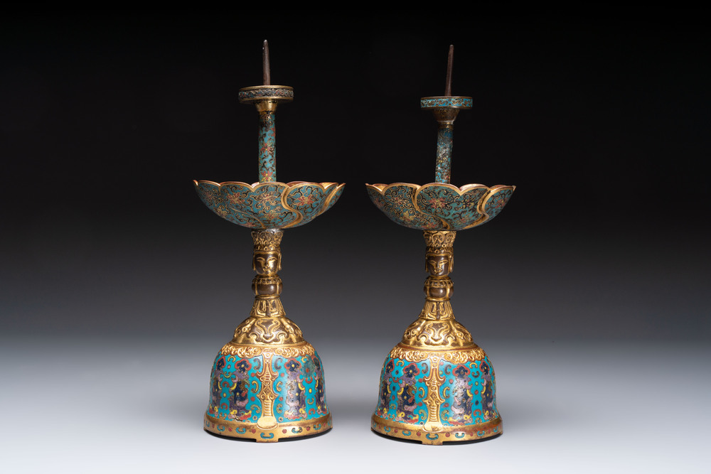 A pair of Chinese cloisonn&eacute; candle holders, 19th C.