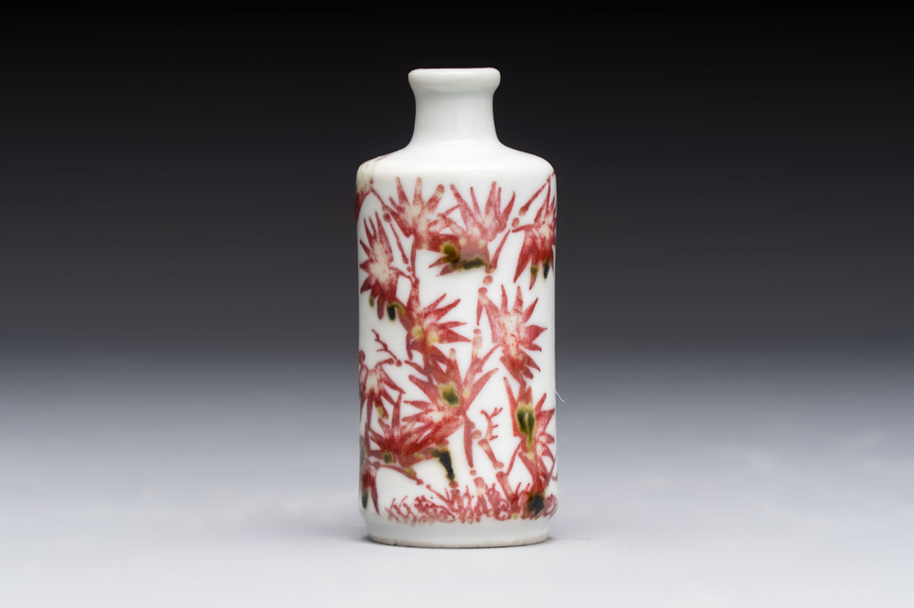 A Chinese copper-red and white 'bamboo' snuff bottle, Qianlong mark, 19th C.