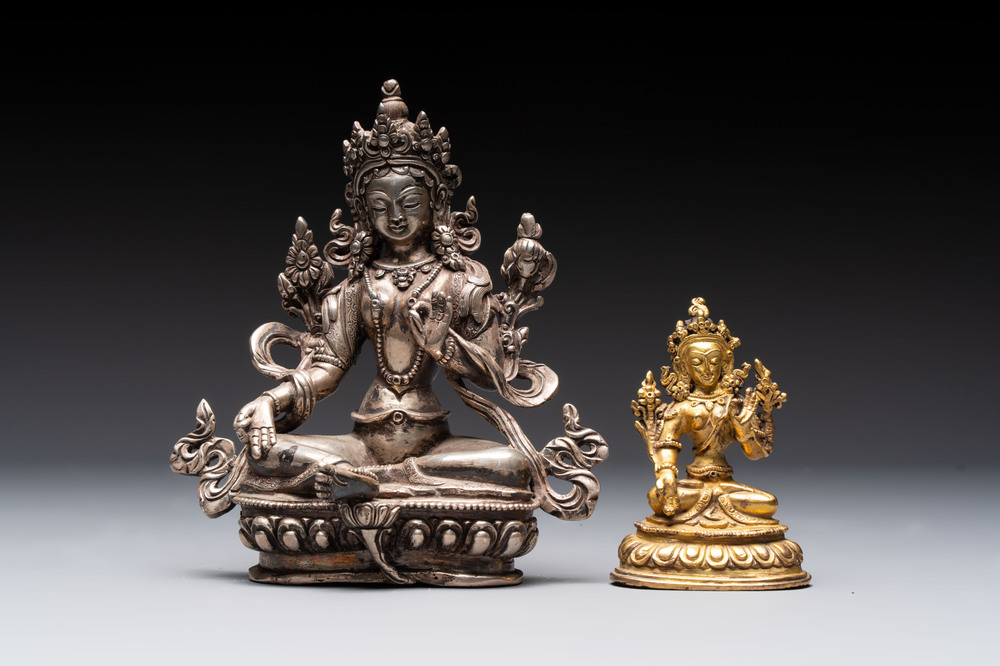 A Tibetan gilt-bronze Tara and a silver Tara, 19/20th C.