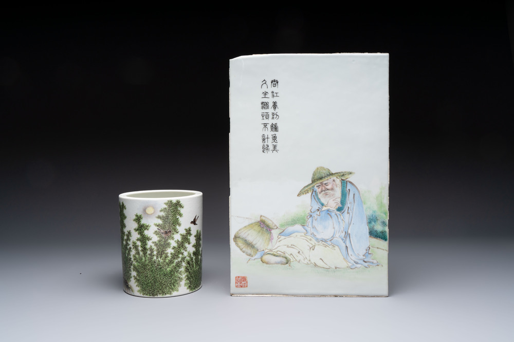 A Chinese qianjiang cai plaque and a brush pot, signed Deng Bizhao 鄧必昭 and Xu Zhongnan 徐仲南, dated 1941