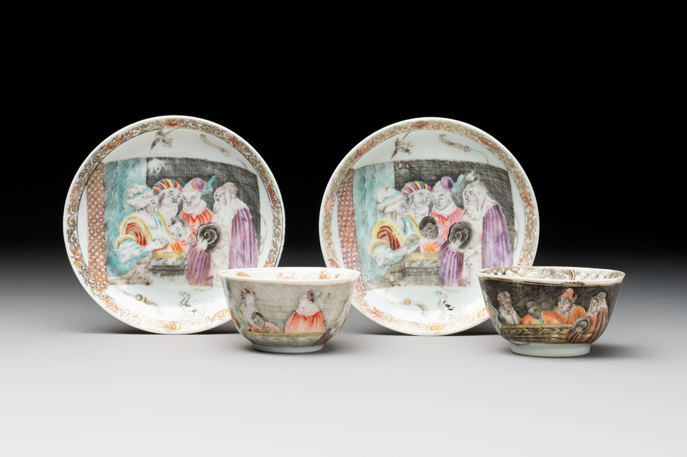 A pair of rare Chinese rose-grisaille cups and saucers after 'Actors of the Com&eacute;die-Fran&ccedil;aise' by Watteau, Yongzheng/Qianlong