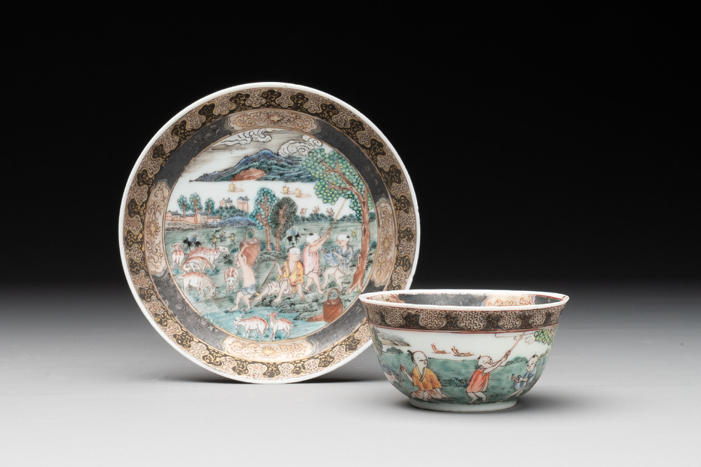 A fine Chinese famille rose 'apple pickers' cup and saucer, Yongzheng