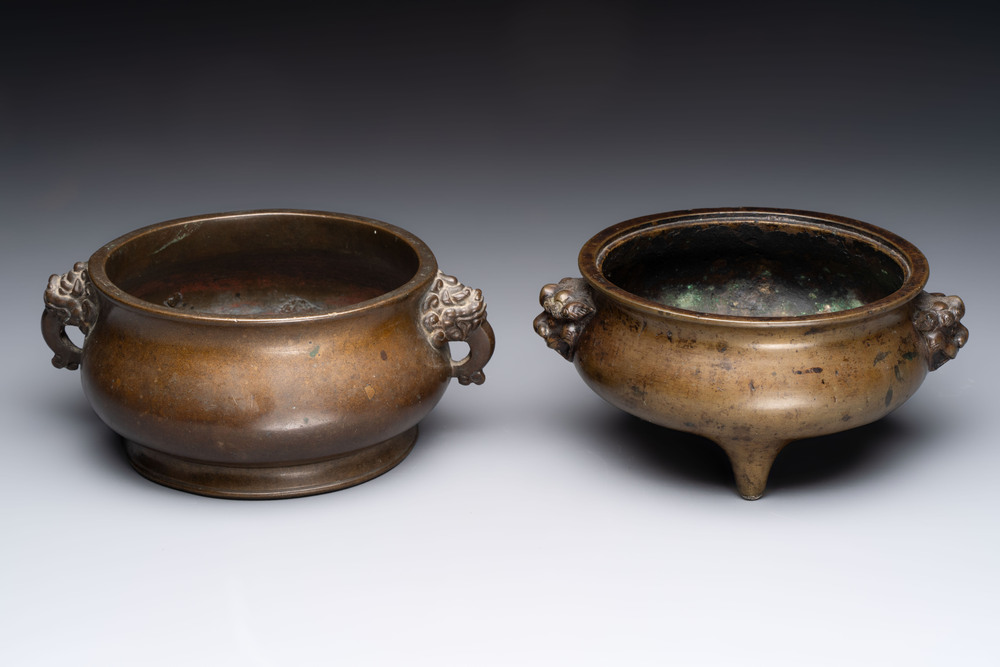 Two Chinese bronze censers with lion-form handles, Zi Sun Bao Zhi 子孫保之 mark, 19th C.