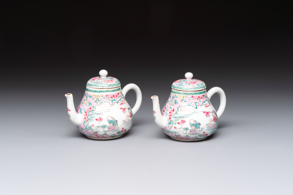 A pair of Chinese famille rose teapots and covers, Yongzheng