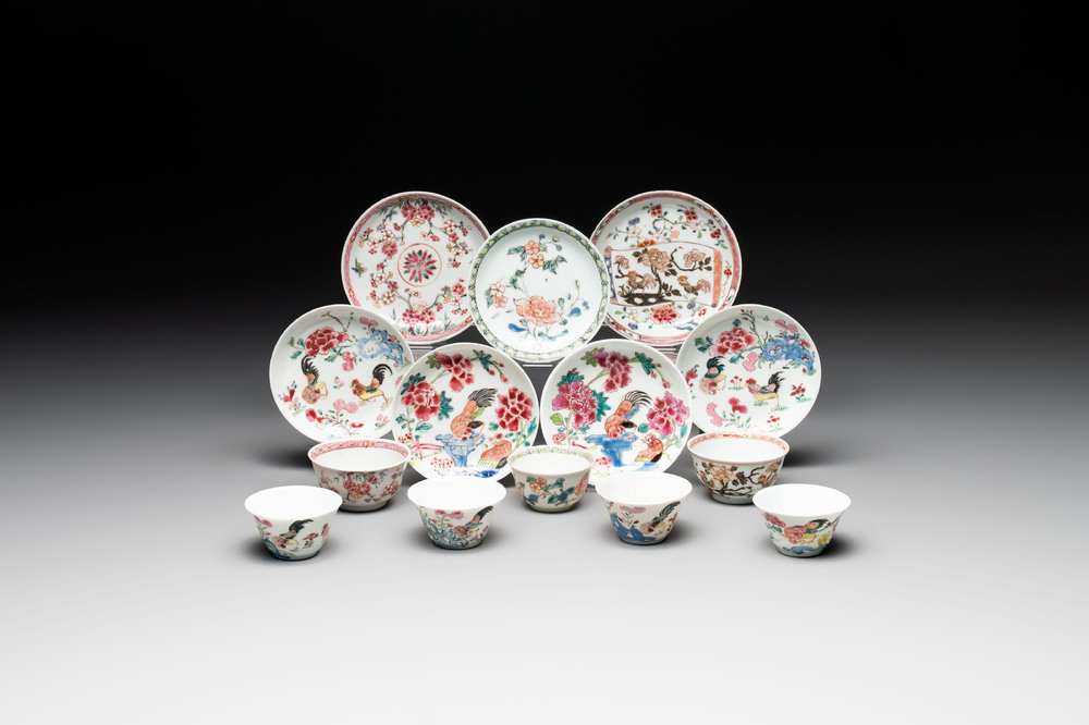 Seven Chinese famille rose cups and saucers, Yongzheng/Qianlong