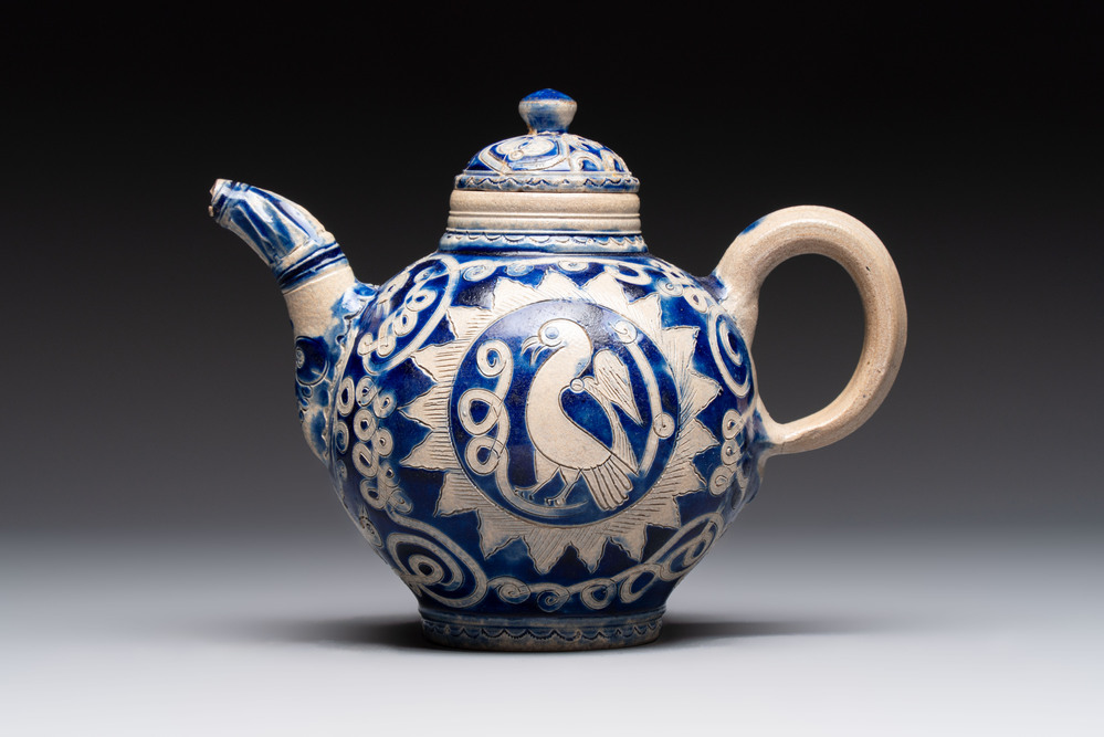 An unusual Westerwald stoneware teapot and cover, Germany, 17th C.