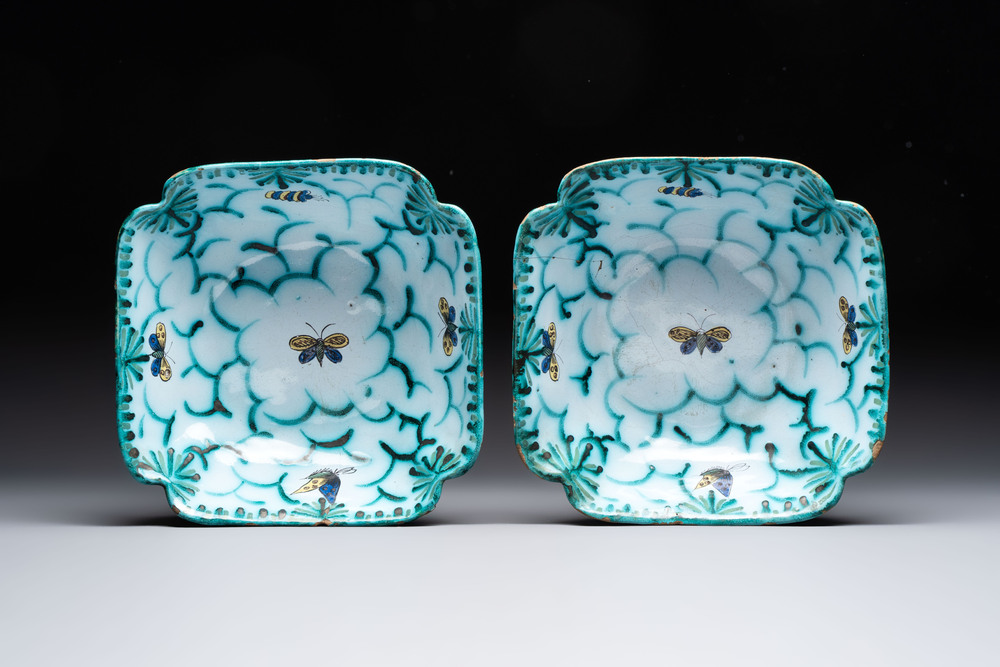 A pair of Brussels faience salad bowls with butterflies and caterpillars, 18th C.