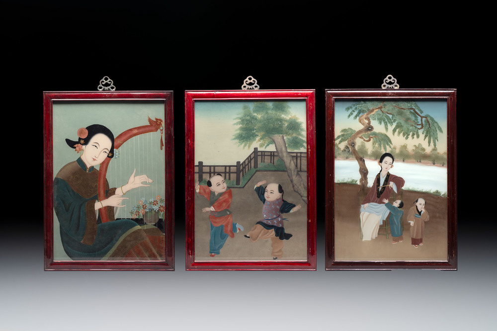 Three Chinese reverse glass paintings, 19/20th C.