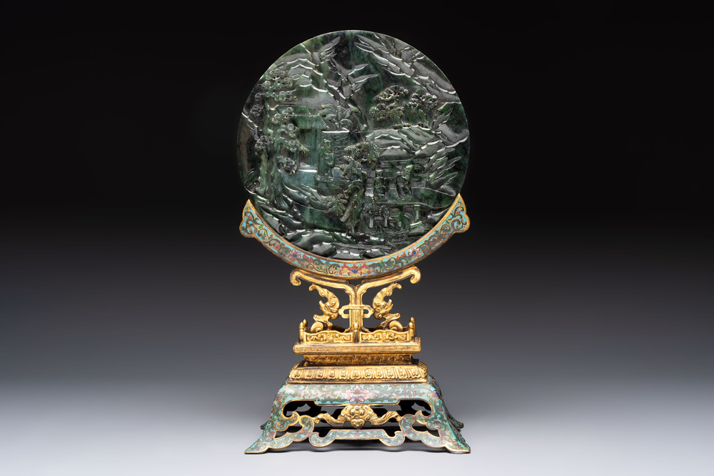 A fine Chinese spinach-green jade table screen with a gilt-cloisonn&eacute; stand, Qianlong
