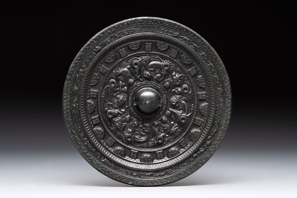 A Chinese finely cast 'immortals' bronze mirror, Wu Zuo Ming Jing 吾作明鏡 mark, Eastern Han