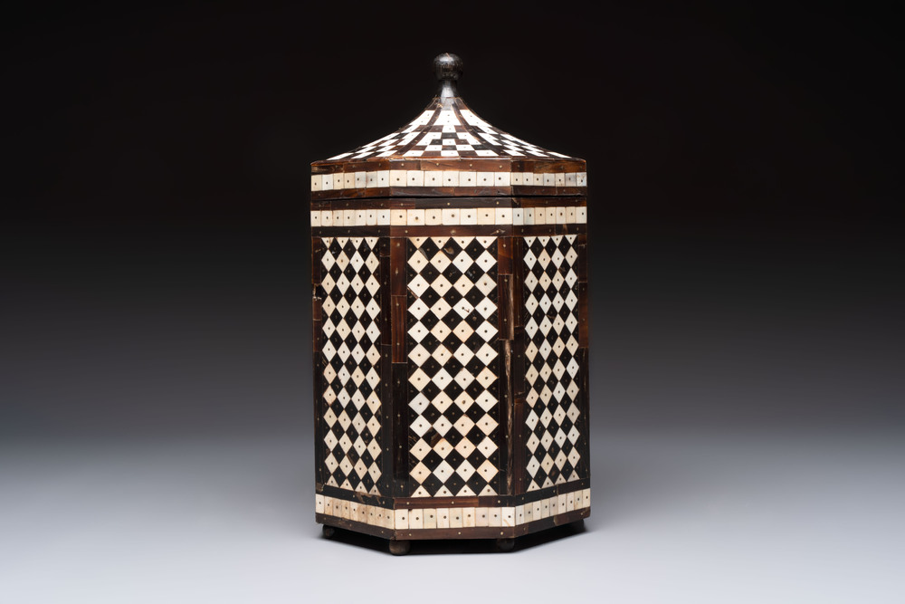 An Ottoman bone and horn-inlaid octagonal wooden casket, 19th C.