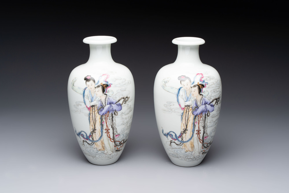 A pair of Chinese famille rose vases with two goddesses, Xi Ping Cao Lu 希平草廬 mark, Republic