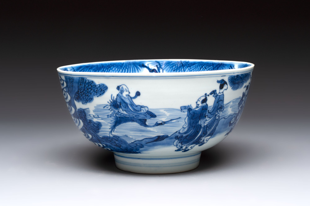 A Chinese blue and white 'Ba Xian Zhu Shou 八仙祝壽'  bowl, Shen De Tang Bo Gu Zhi 慎德堂博古製 mark, Kangxi