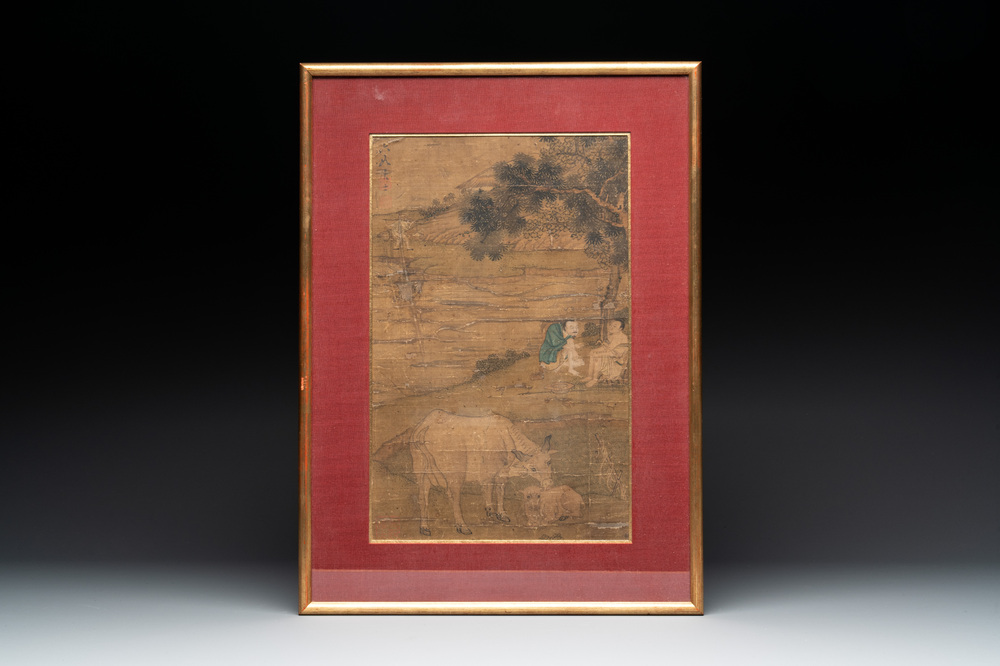 After Tang Yin 唐寅 (1470&mdash;1523): 'Buffalo and sage', ink and colour on silk, signed Liuru Jushi 六如居士, 18/19th C.