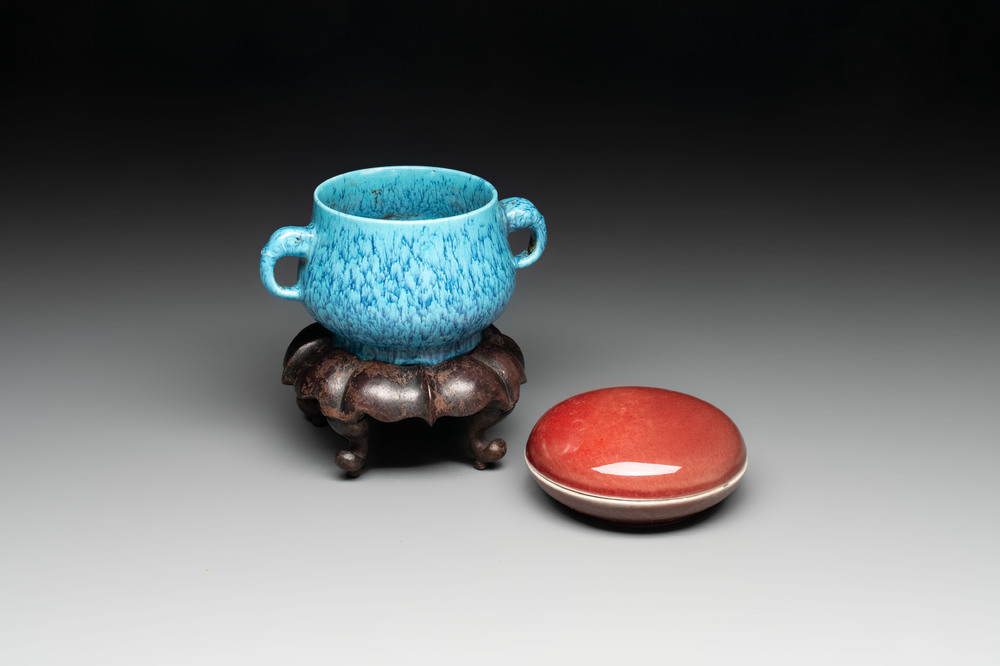 A Chinese robin's egg-glazed censer on a wooden stand and a copper-red-glazed seal paste box and cover, 19/20th C.