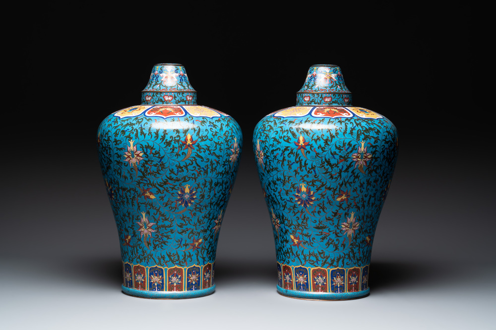 A pair of large Chinese cloisonn&eacute; 'lotus scroll' 'meiping' vases and covers, Republic