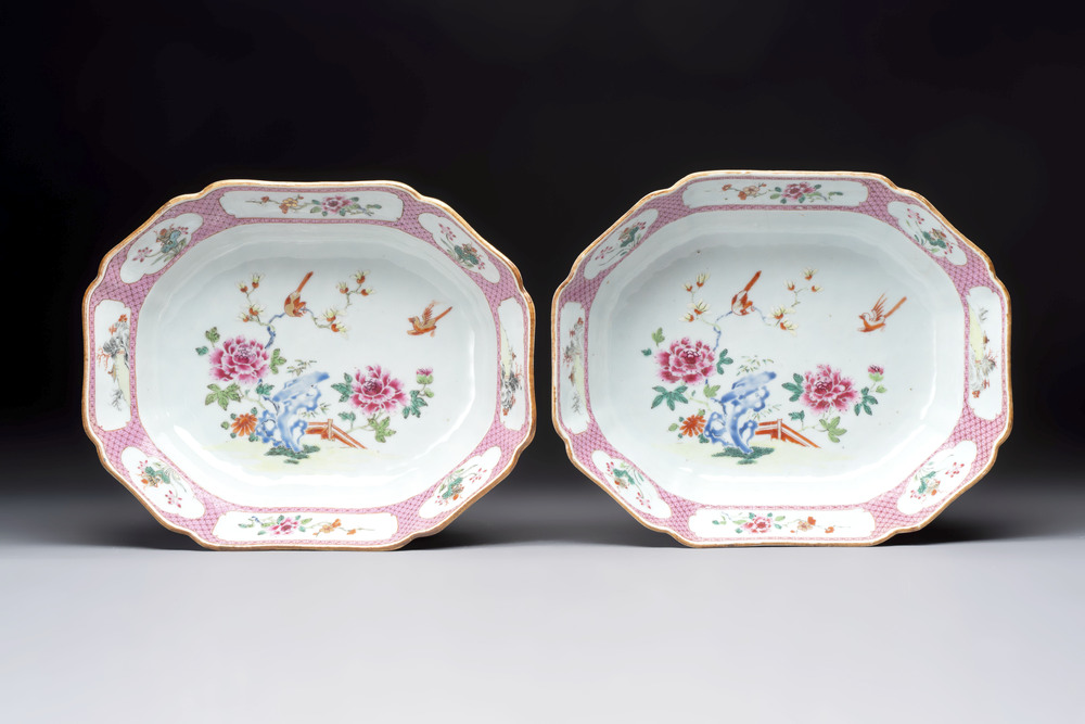 A pair of Chinese famille rose octagonal bowls with birds on flowering branches, Qianlong