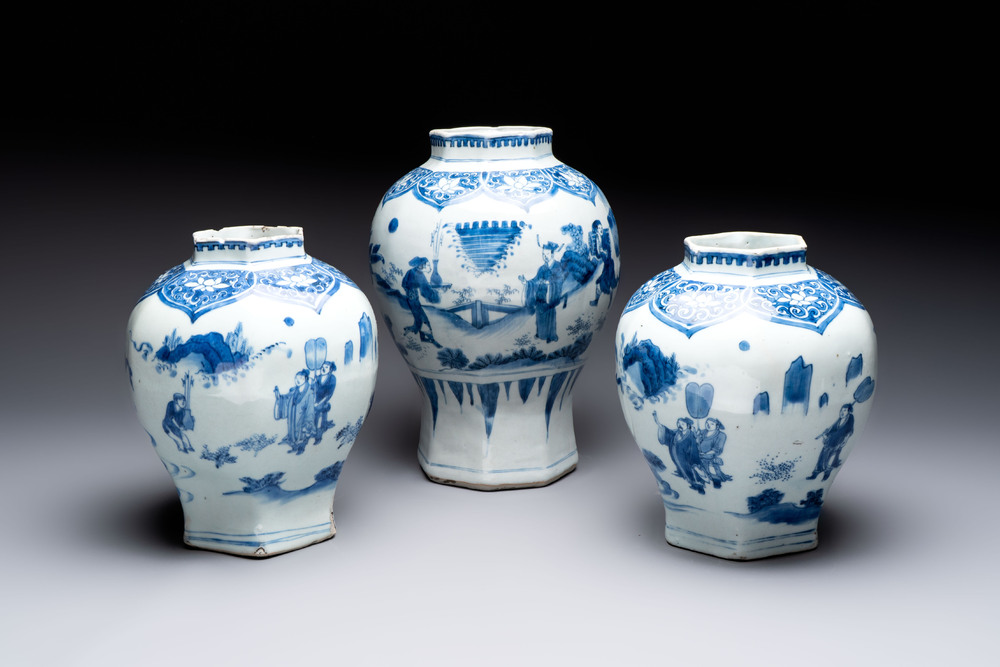 Three Chinese blue and white 'Lian Sheng San Ji 連升三級' vases, Transitional period