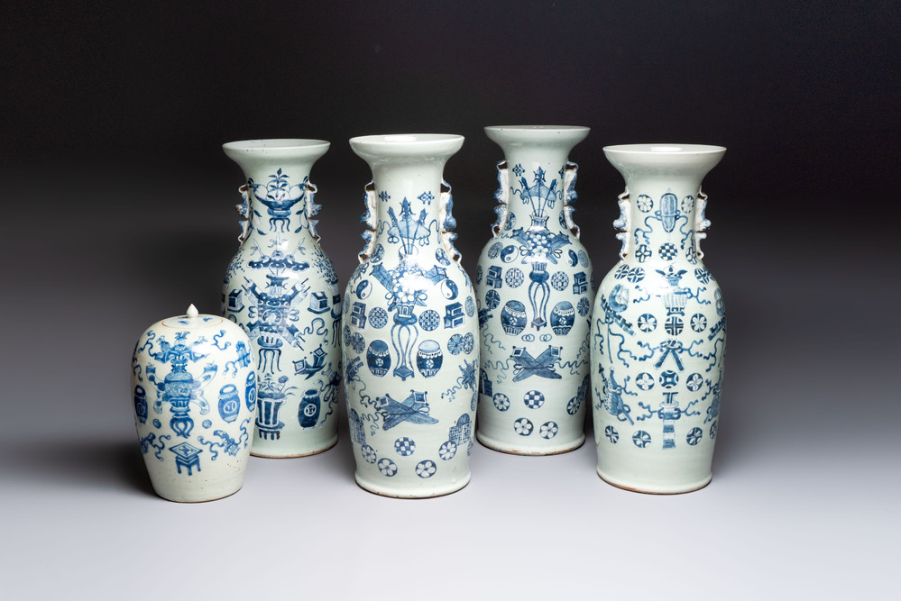 Four Chinese blue and white celadon-ground vases and a ginger jar, 19/20th C.