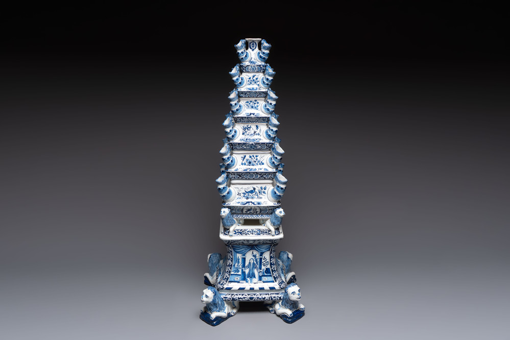 An impressive blue and white Dutch Delft seven-part tulip vase, 19th C.