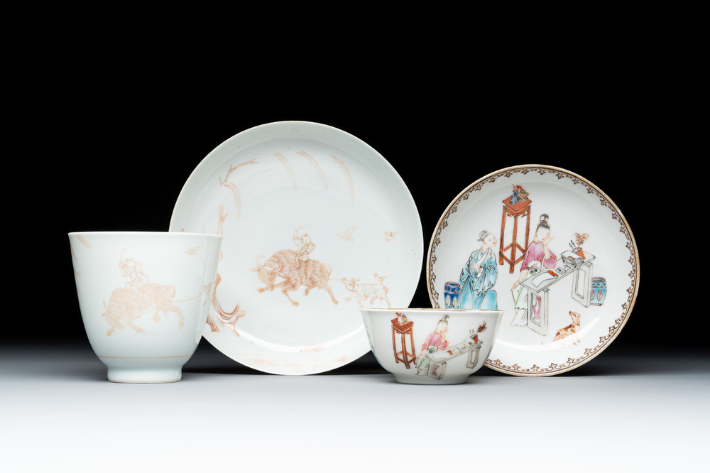 A Chinese iron-red-decorated 'boy and buffalo' cup and saucer and a famille rose 'Xi Xiang Ji' cup and saucer, Qianlong
