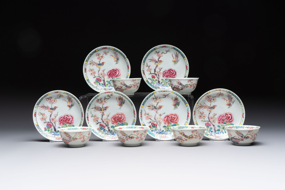 A set of six Chinese famille rose cups and saucers with birds among flowering branches, Yongzheng/Qianlong