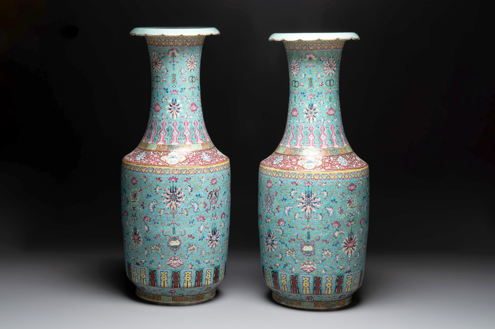 A pair of large Chinese famille rose turquoise-ground 'Buddhist symbols and lotus scroll' vases, Guangxu mark and of the period