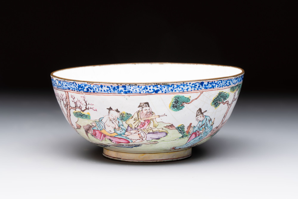 A Chinese Canton enamel 'Eight Immortals' bowl, 18th C.