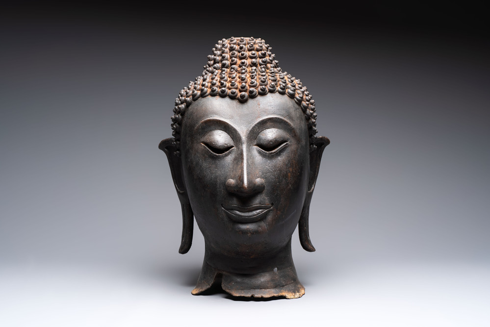 A large Thai bronze Buddha head, Sukhothai period, 15th C.