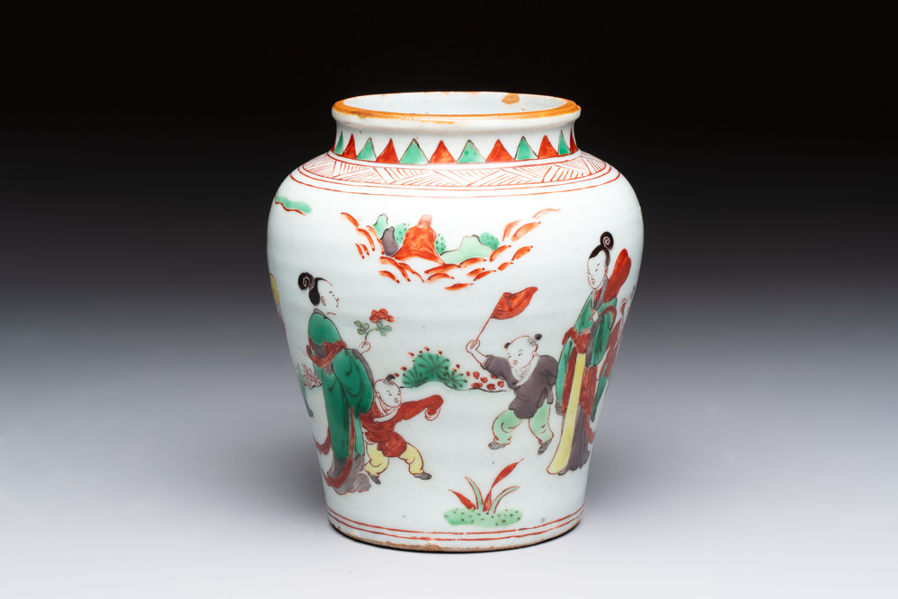A small Chinese wucai jar with figures in a landscape, Transitional period