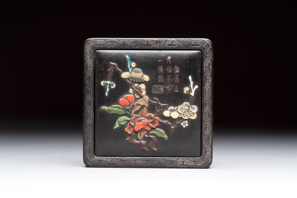 A Chinese hardstone, mother-of-pearl and silver embellished zitan box, Zhou Zhi 周製 mark, 18th C.