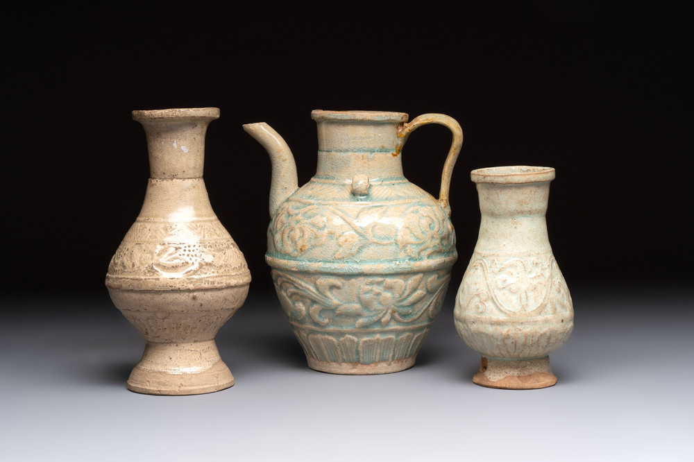 Two Chinese qingbai vases and an ewer with floral design, Song