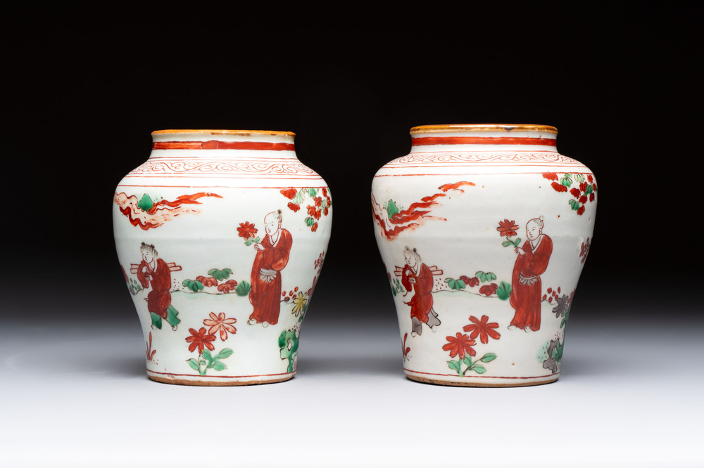 A pair of small Chinese wucai jars with sages in a landscape, Transitional period