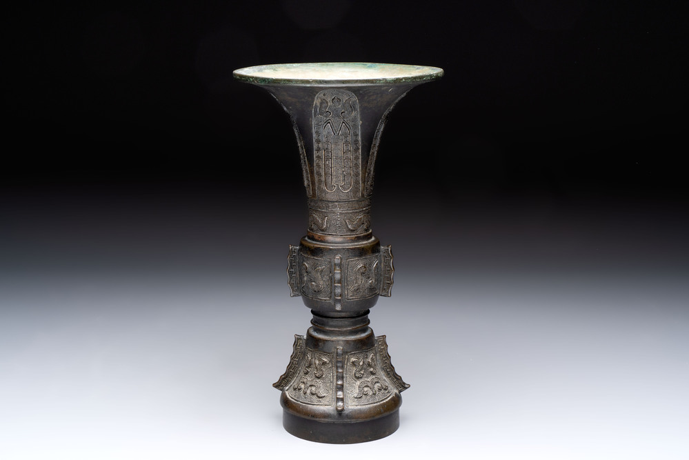 A fine Chinese archaistic bronze 'gu' vase, Ming