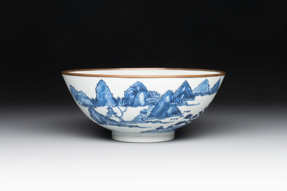 A Chinese 'Bleu de Hue' bowl with the Hai Van mountains for the Vietnamese market, Thanh Ngoan mark for Nguyen Phuc Chu, Kangxi