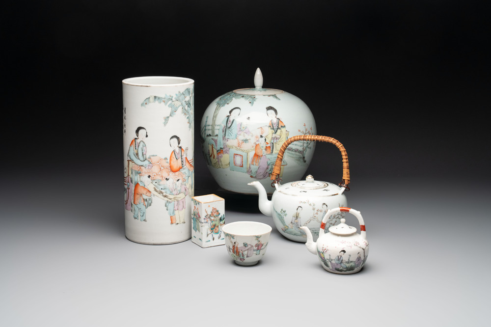 A varied collection of six Chinese famille rose wares, signed Hong Yishun 洪義順 and Luo Yongda 羅永發, Guangxu mark, 19/20th C.