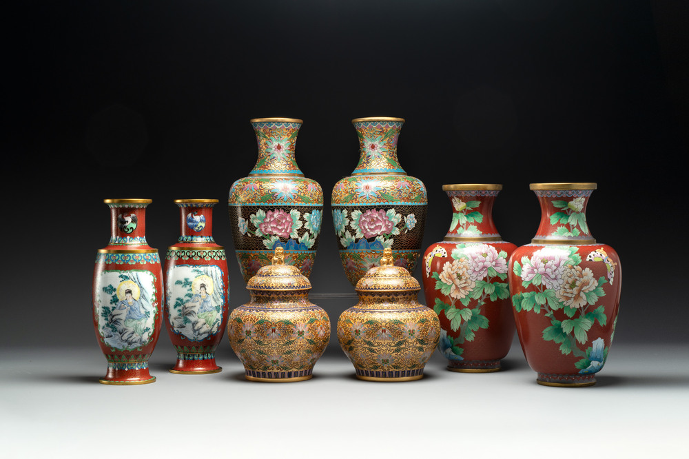 Four pairs of Chinese cloisonn&eacute; vases, 20th C.