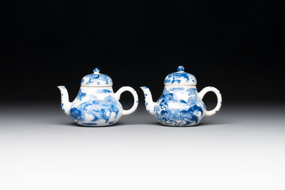 A pair of Chinese blue and white 'Buddhist lion' teapots and covers, Nan Ting Chang Ji 南亭昌記 mark, 19th C.
