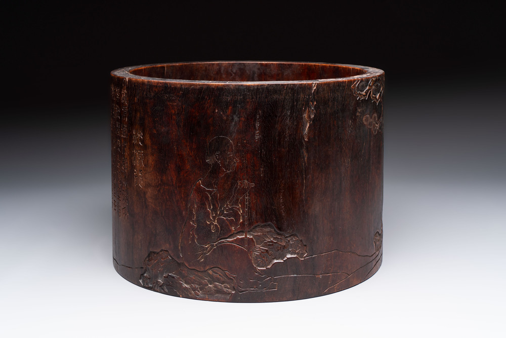 A large Chinese inscribed zitan brush pot, 18/19th C.