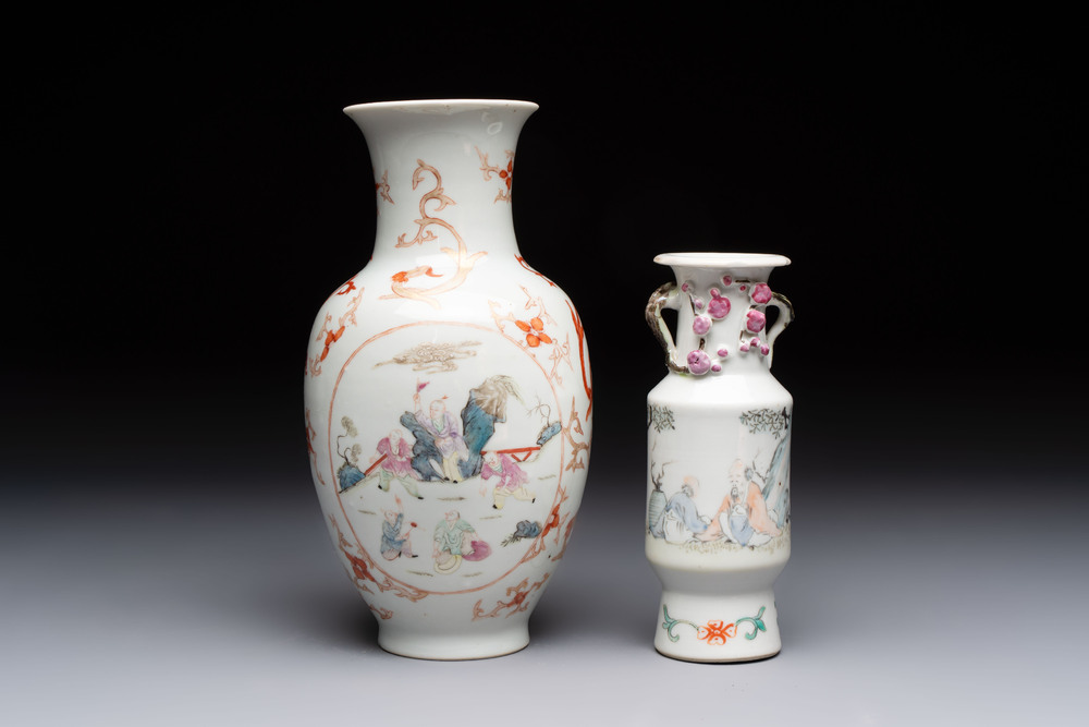 A Chinese famille rose vase and a small qianjiang cai vase, Qianlong mark, 19th C.