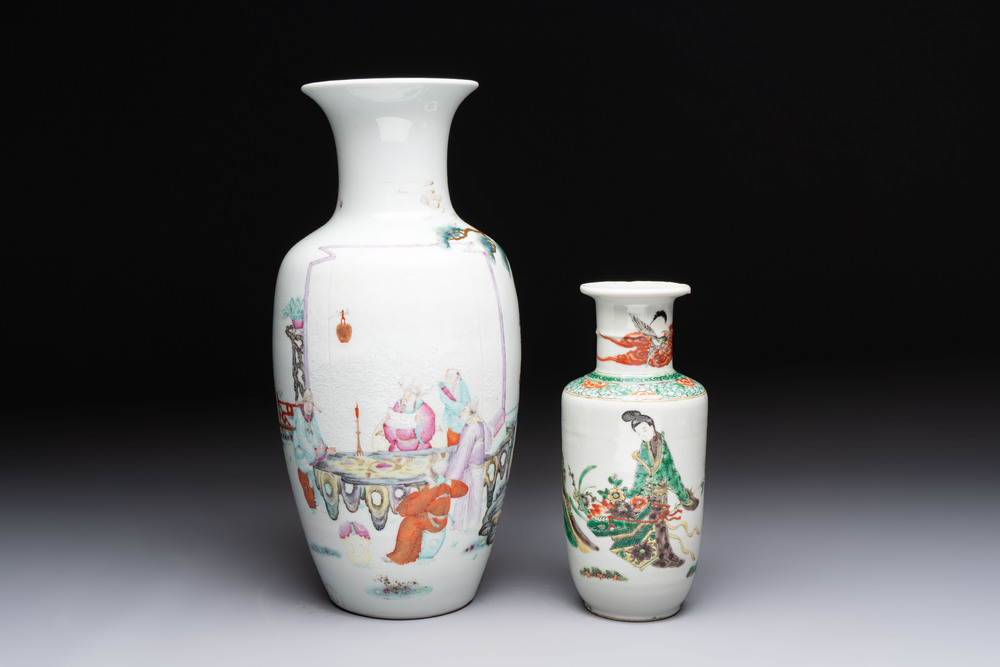 A Chinese famille rose vase with narrative design and a famille verte vase, Qianlong mark, 19th C.
