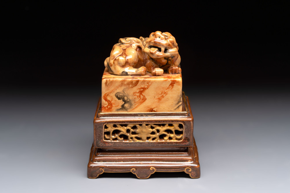 An unusual Chinese marble-glazed 'Qianlong Yu Bi 乾隆御筆' seal and stand, Qianlong mark, Republic