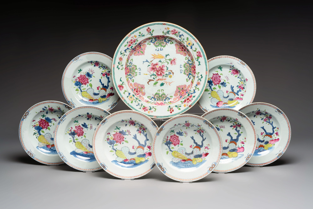 Eight Chinese famille rose plates with floral design and a dish, Yongzheng/Qianlong