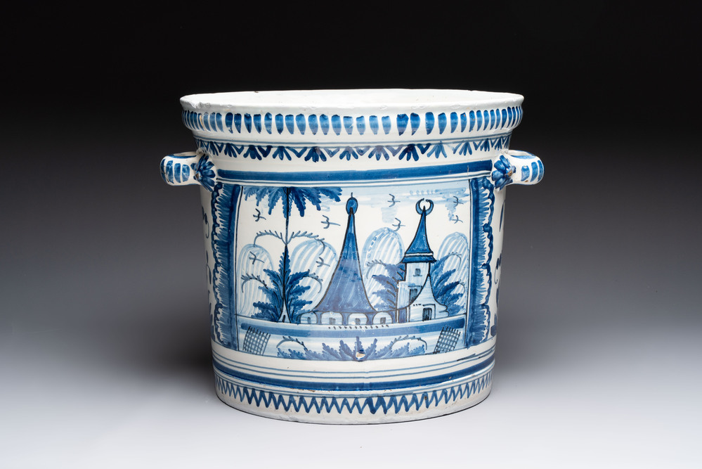 A large blue and white jardini&egrave;re with landscape design, Nevers, 18th C.