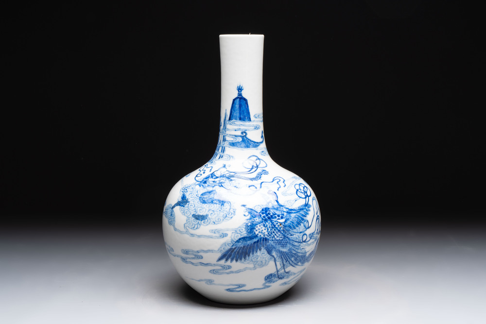 A Chinese blue and white bottle vase with narrative design, Qianlong mark, 19th C.