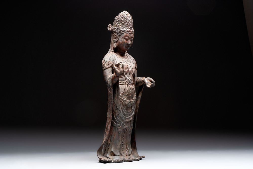 A fine and large Chinese bronze standing Buddha, possibly Liao