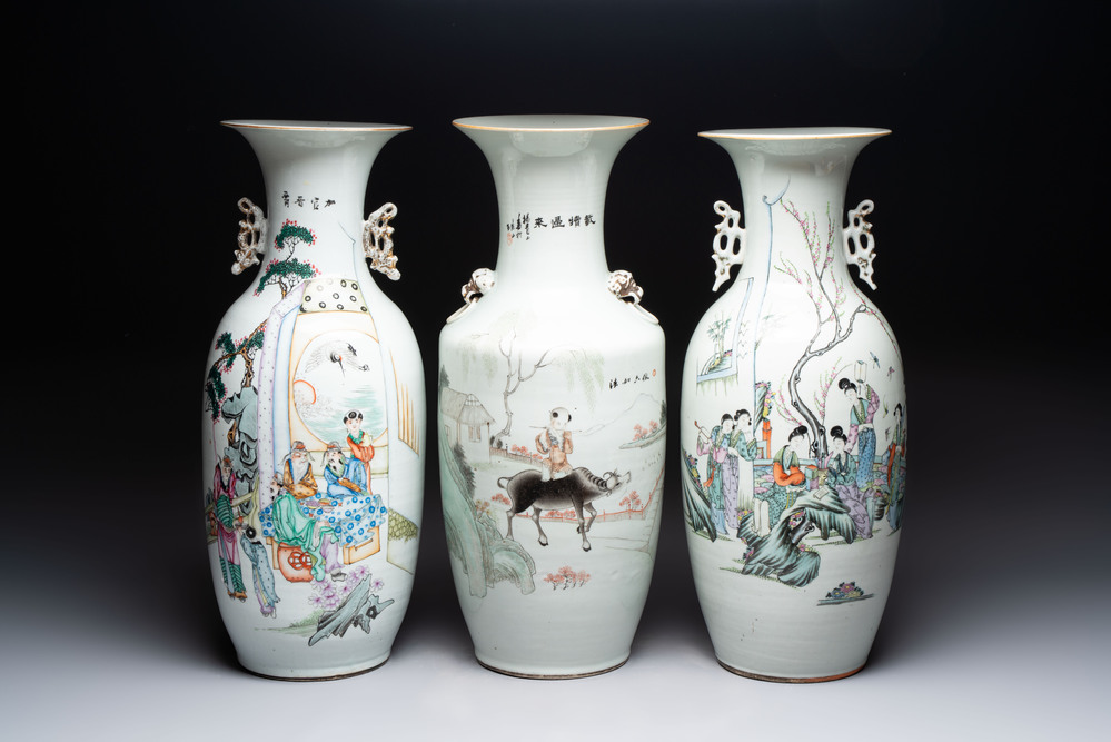 Three Chinese famille rose vases, signed Mao Zirong 毛子榮, Yang Qingshan 楊青山 and Liu Jishun 劉吉順, 19/20th C.