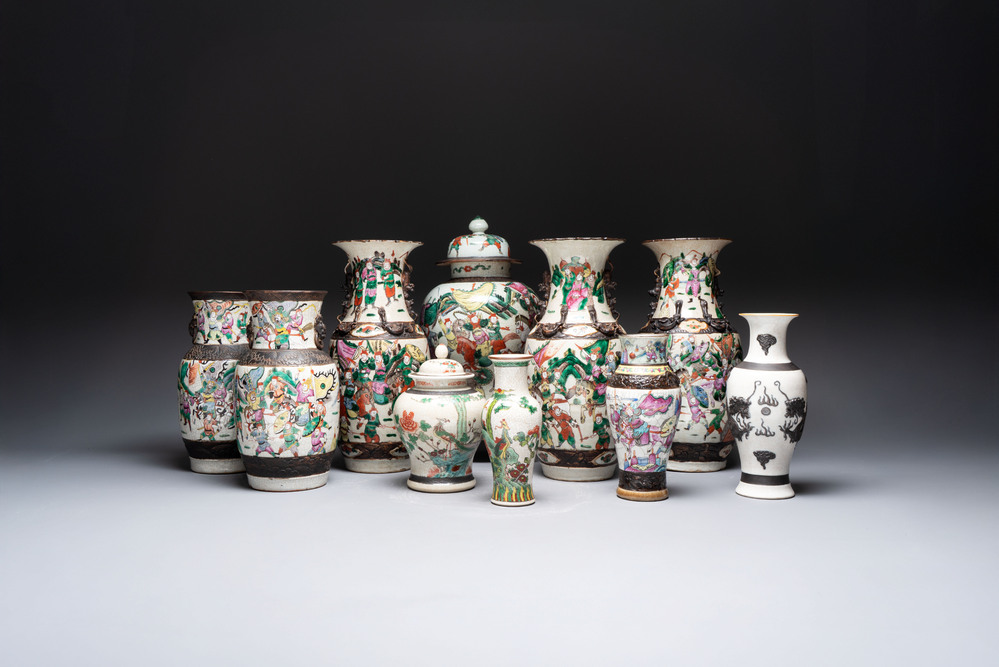 Ten Chinese Nanking famille rose and verte vases, 19/20th C.