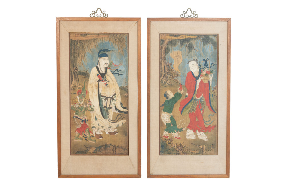 Two Chinese schools: 'Lan Caihe 蓝采和' and 'Lu Dongbin 吕洞宾', ink and colour on silk, 19th C.